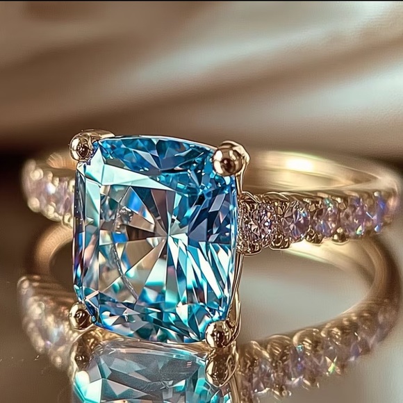 None Jewelry - Blue Synthetic Crystal Cushion-Cut Ring with 14 kt Gold Plated Pave’ Band